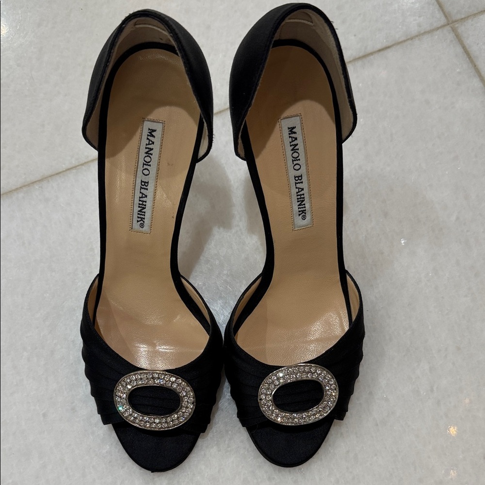 Manolo Blahnik Black Satin Heels with Crystal Buckle